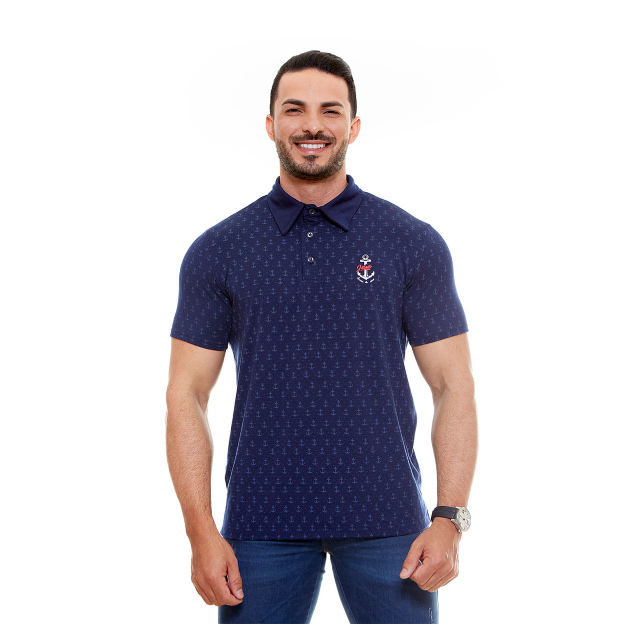 Azul Escuro  - Camiseta Gola Polo Jesus Âncora da alma GMP9815