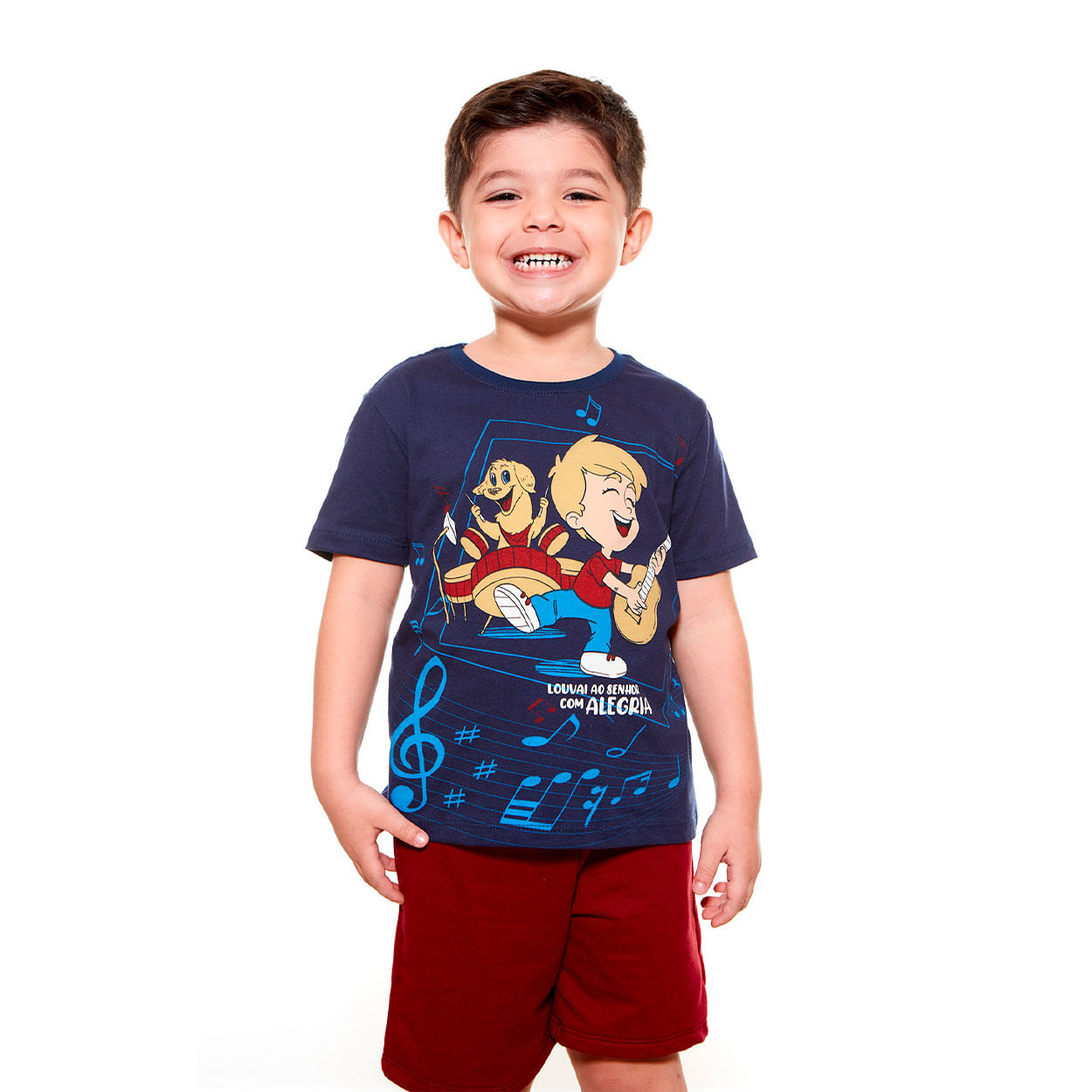 Conjunto infantil Louvai ao Senhor com alegria AKJ9551 - AZ Marinho / Vermelho Bordo  