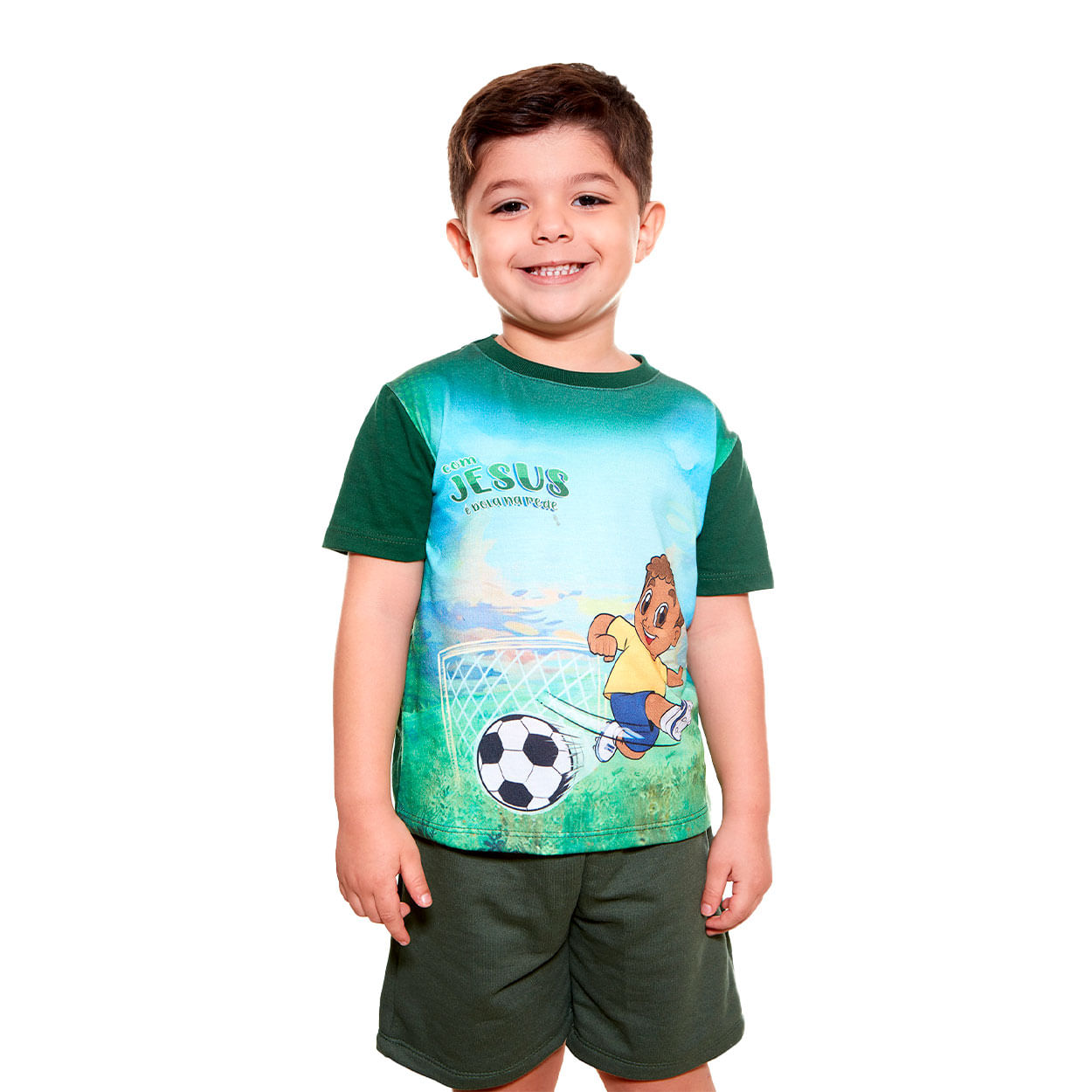 Conjunto infantil Com Jesus é Bola na Rede AKJ9617 - Verde  