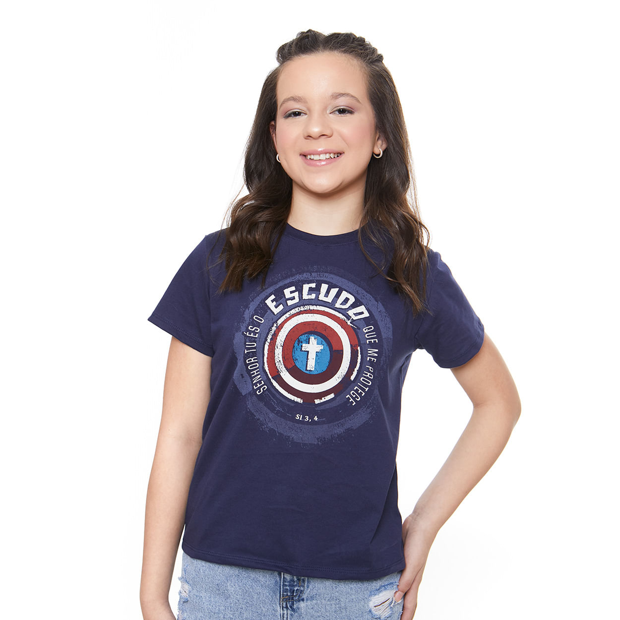 Camiseta Infanto Juvenil Senhor Tu és o Escudo que me Protege MS11719 - Azul Marinho  