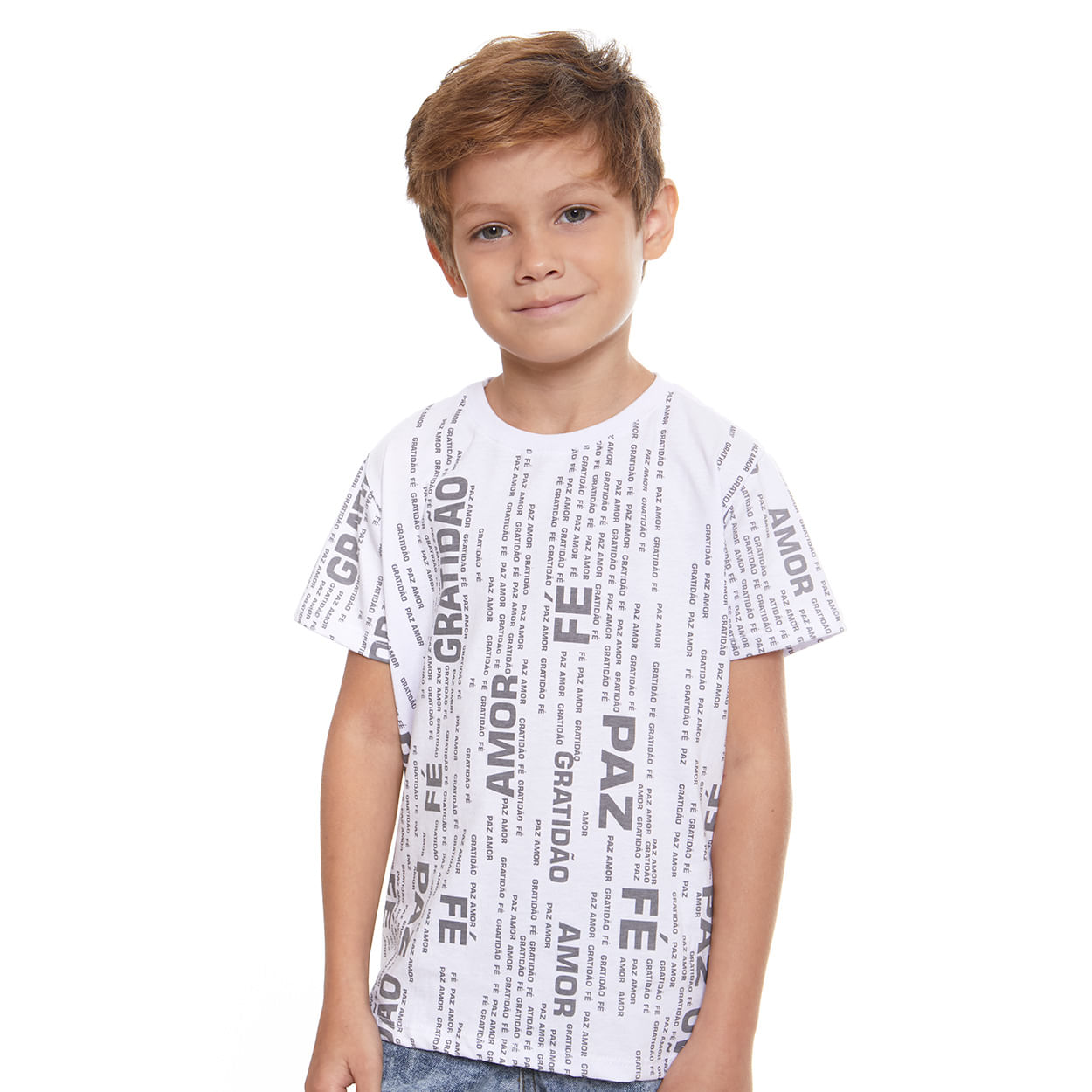 Branco  - Camiseta Infantil Amor, Fé, Gratidão e Paz MS11834