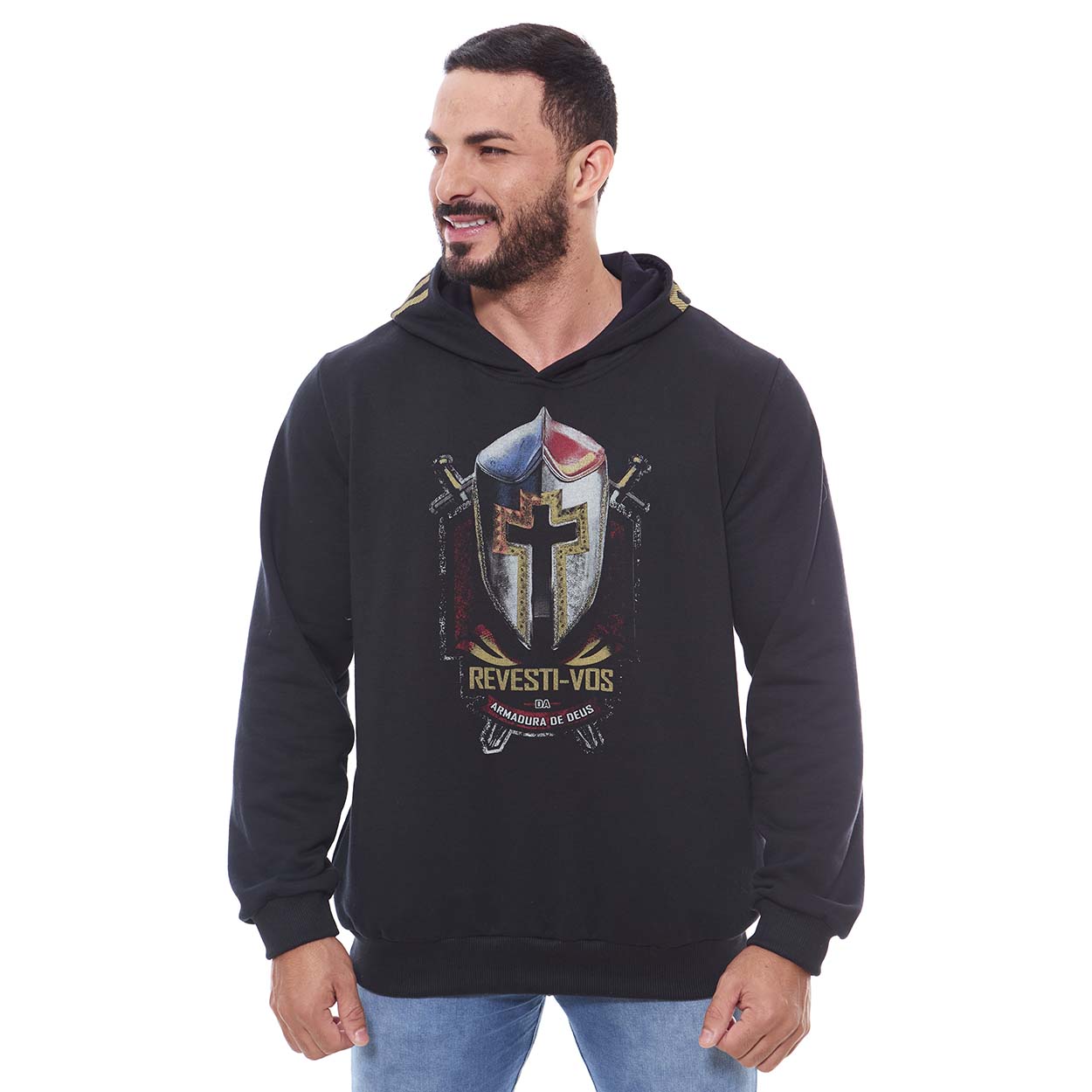 Preto  - Moletom adulto Unissex Revesti-vos da armadura de Deus MS11164