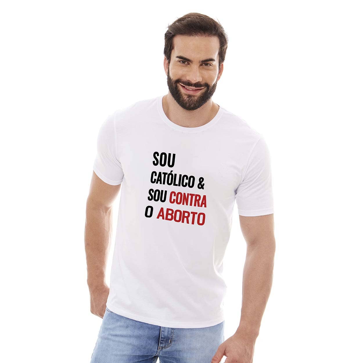 Branco  - Camiseta Sou Católico e Sou Contra o Aborto MS12835