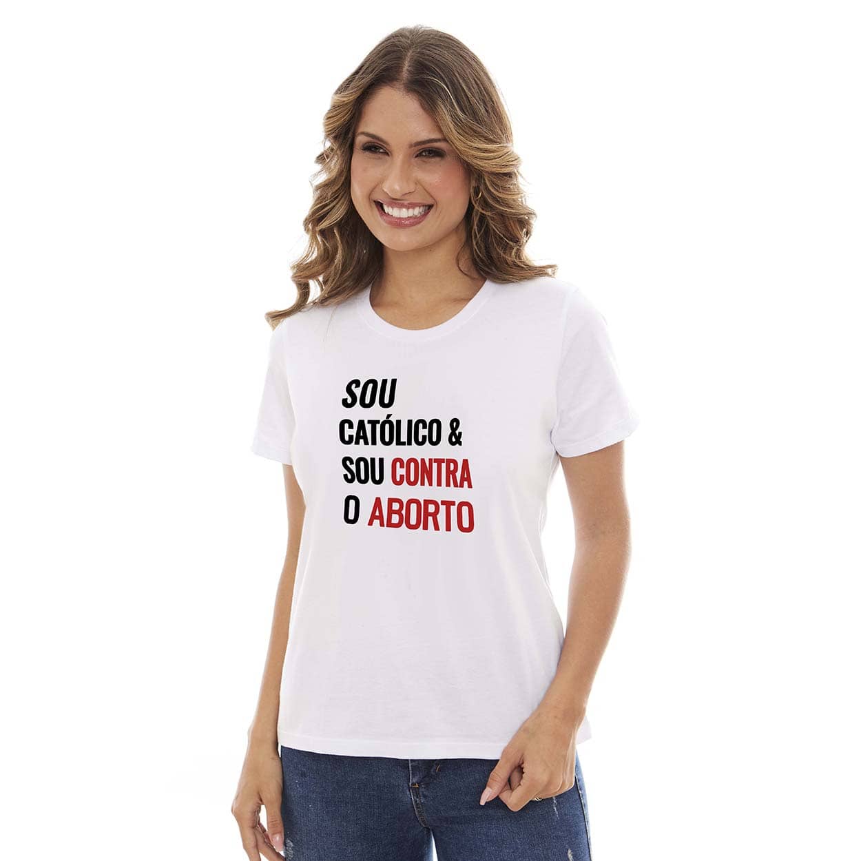 Branco  - Baby Look Sou Católico e Sou Contra o Aborto MS12836