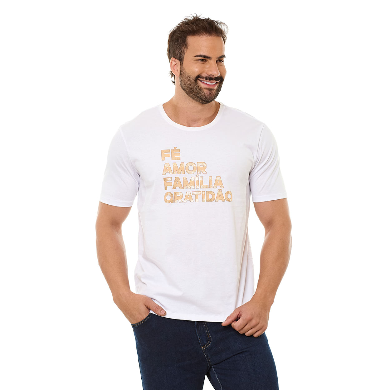 Branco  - Camiseta Fé, Amor, Família, Gratidão MS13280