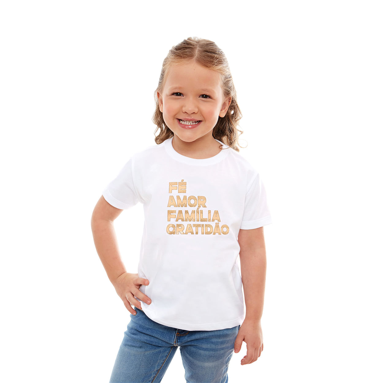 Camiseta Infantil Unissex Fé, Amor, Fámilia, Gratidão MS13468 - Branco  