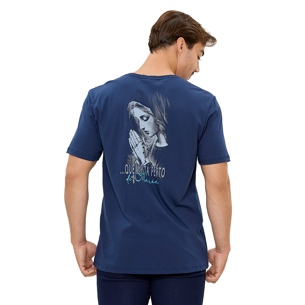 Azul Marinho  - Camiseta Jamais Estará Longe de Jesus Quem Está Perto de Maria DV13574