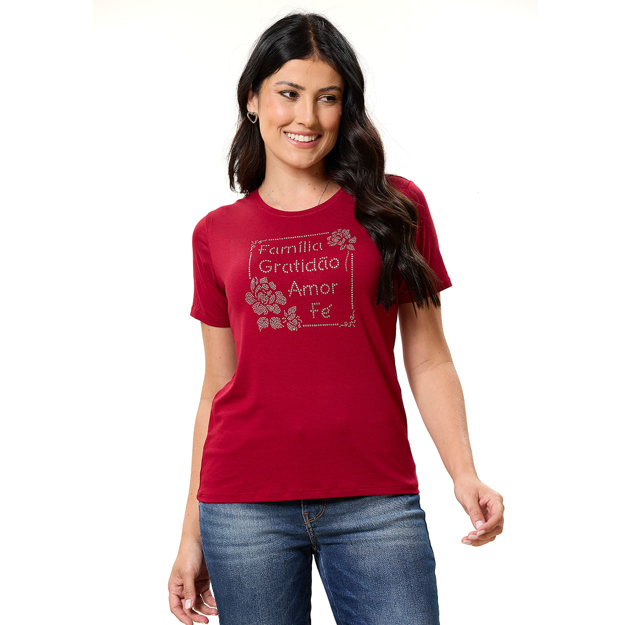 Vermelho  - Baby Look Família Gratidão Amor Fé FS13678