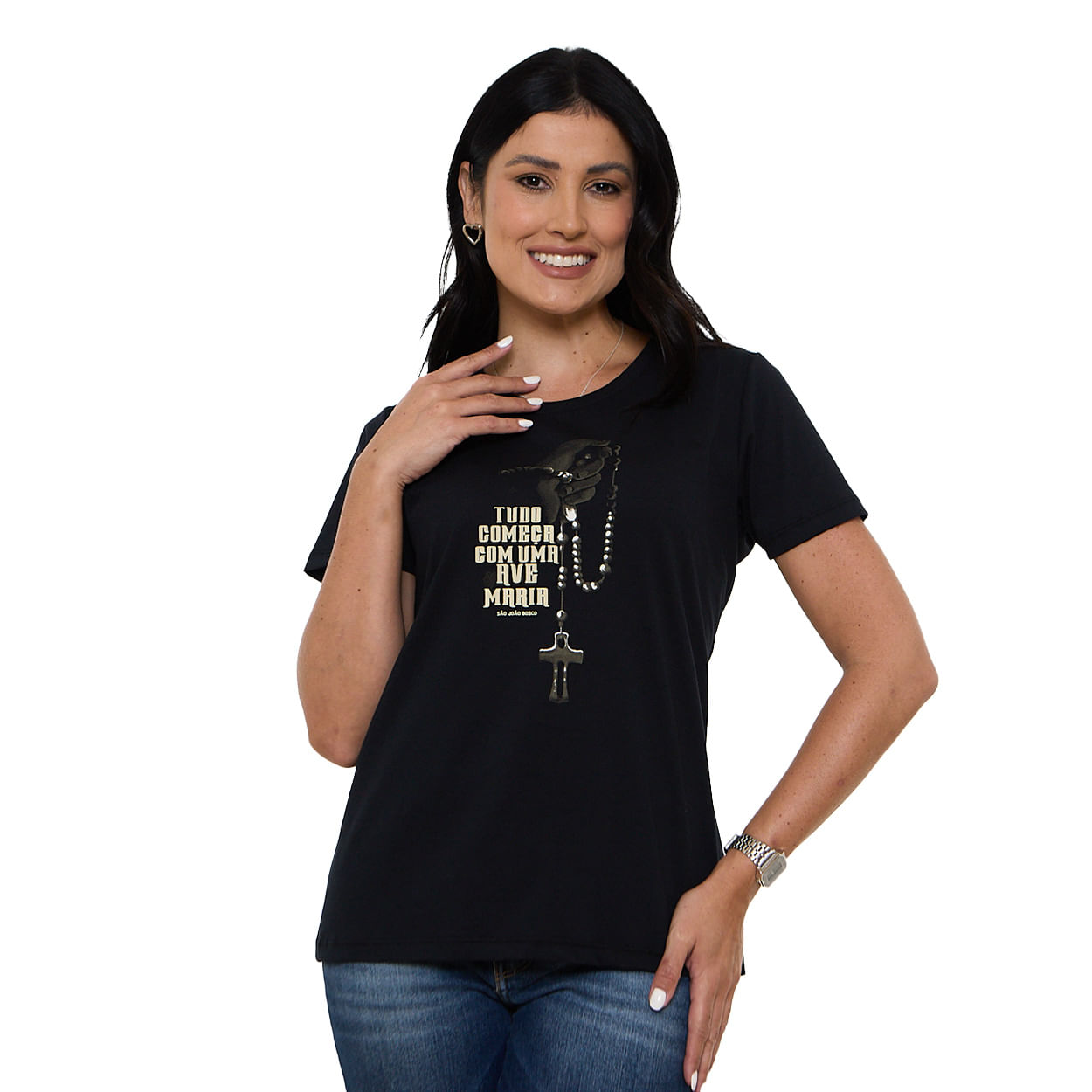 Preto  - Baby Look Tudo Começã Com Uma Ave Maria DV13666