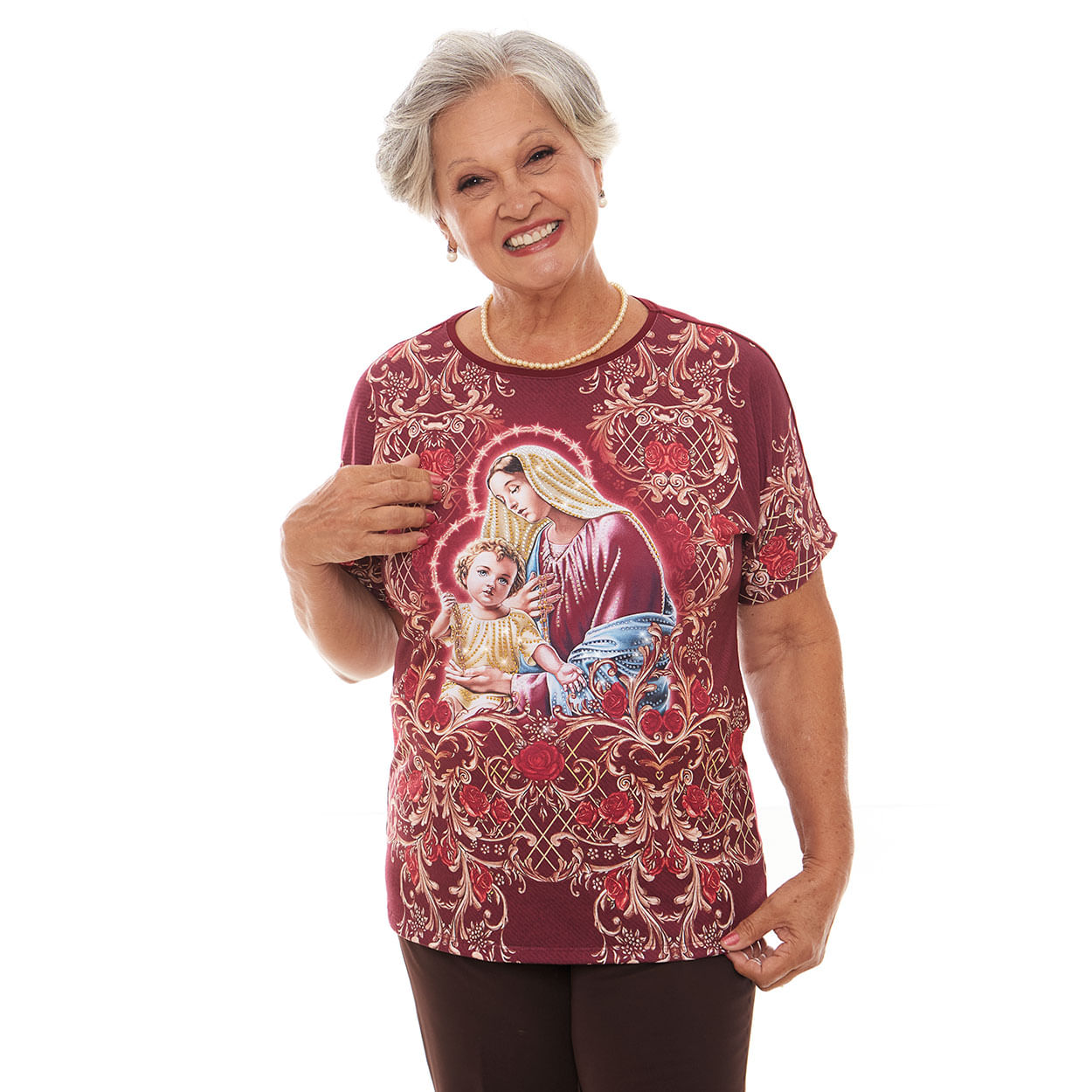 Vinho  - Blusa com estampa de Nossa Senhora do Rosário FS12772