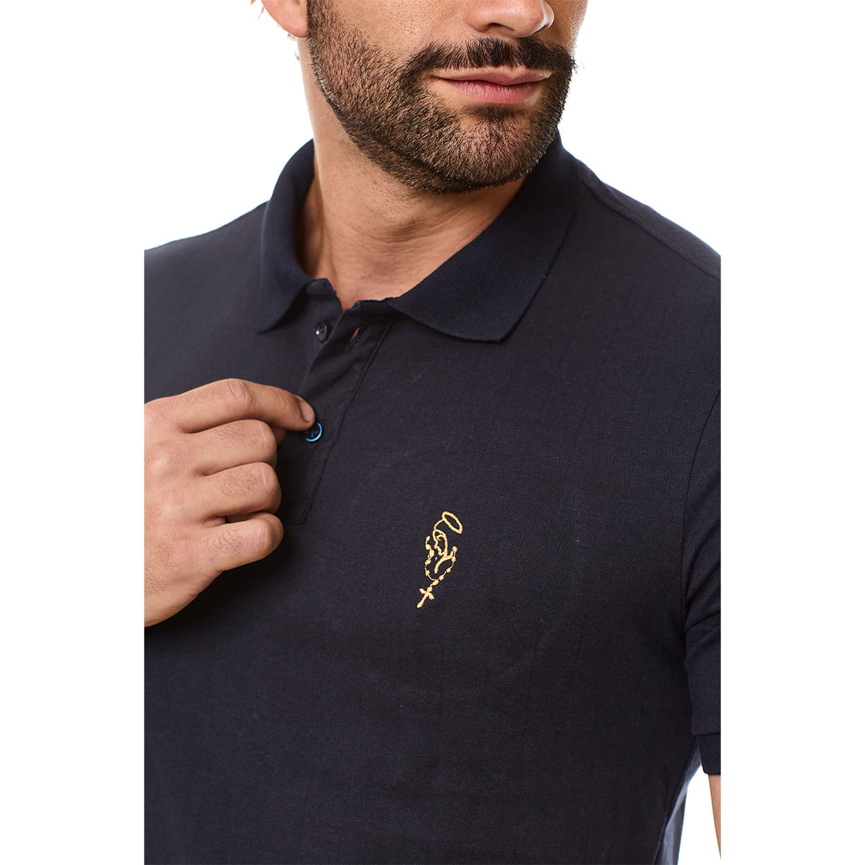 Azul Marinho  - Camiseta Gola Polo Nossa Senhora Com Terço GMP13321