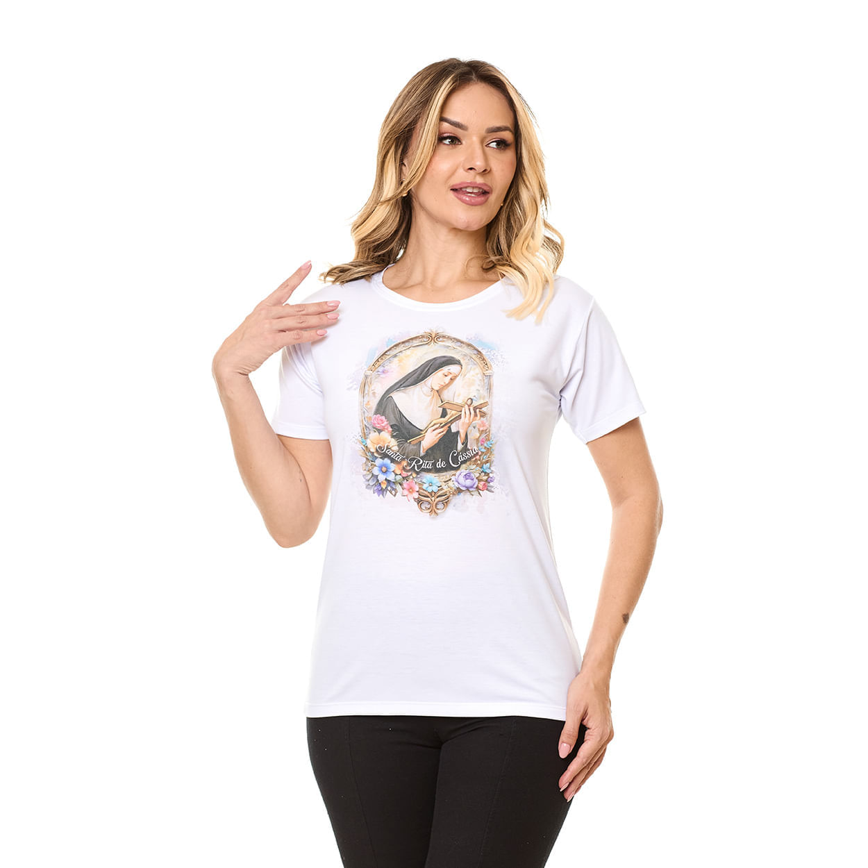 Branco  - Baby Look Santa Rita de Cássia DV13385 - Leves Detalhes