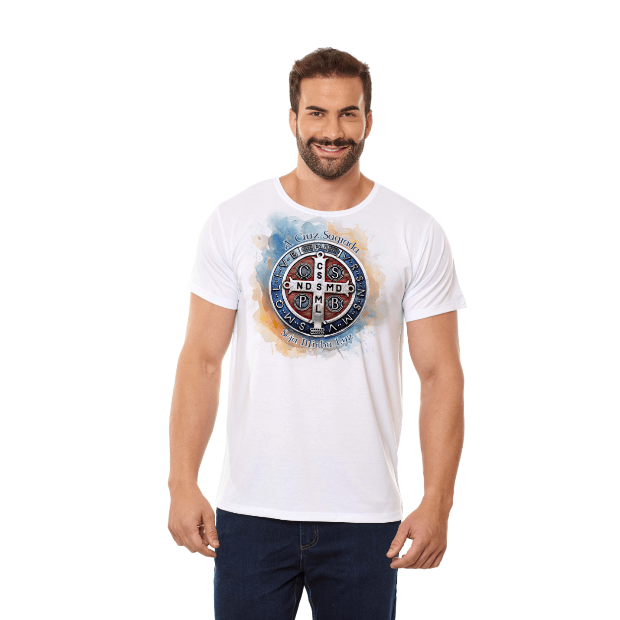 Branco  - Camiseta Medalha de São Bento DV13578 - Leves Detalhes - OUTLET